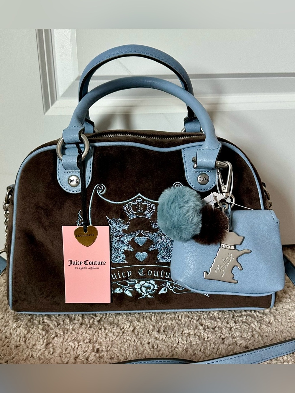 NWT Juicy Couture Chocolate New Love Chapter Satchel Blue Crossbody Bag Y2K - Picture 2 of 11